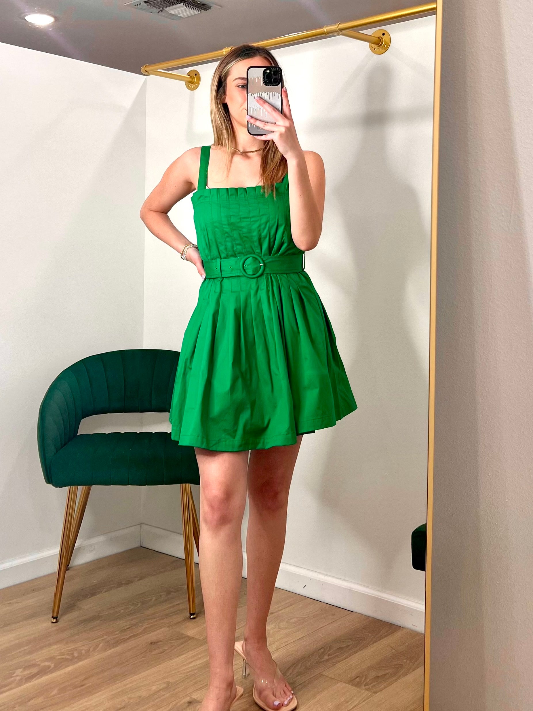 TCEC Pleated Bodice Square Belt Dress