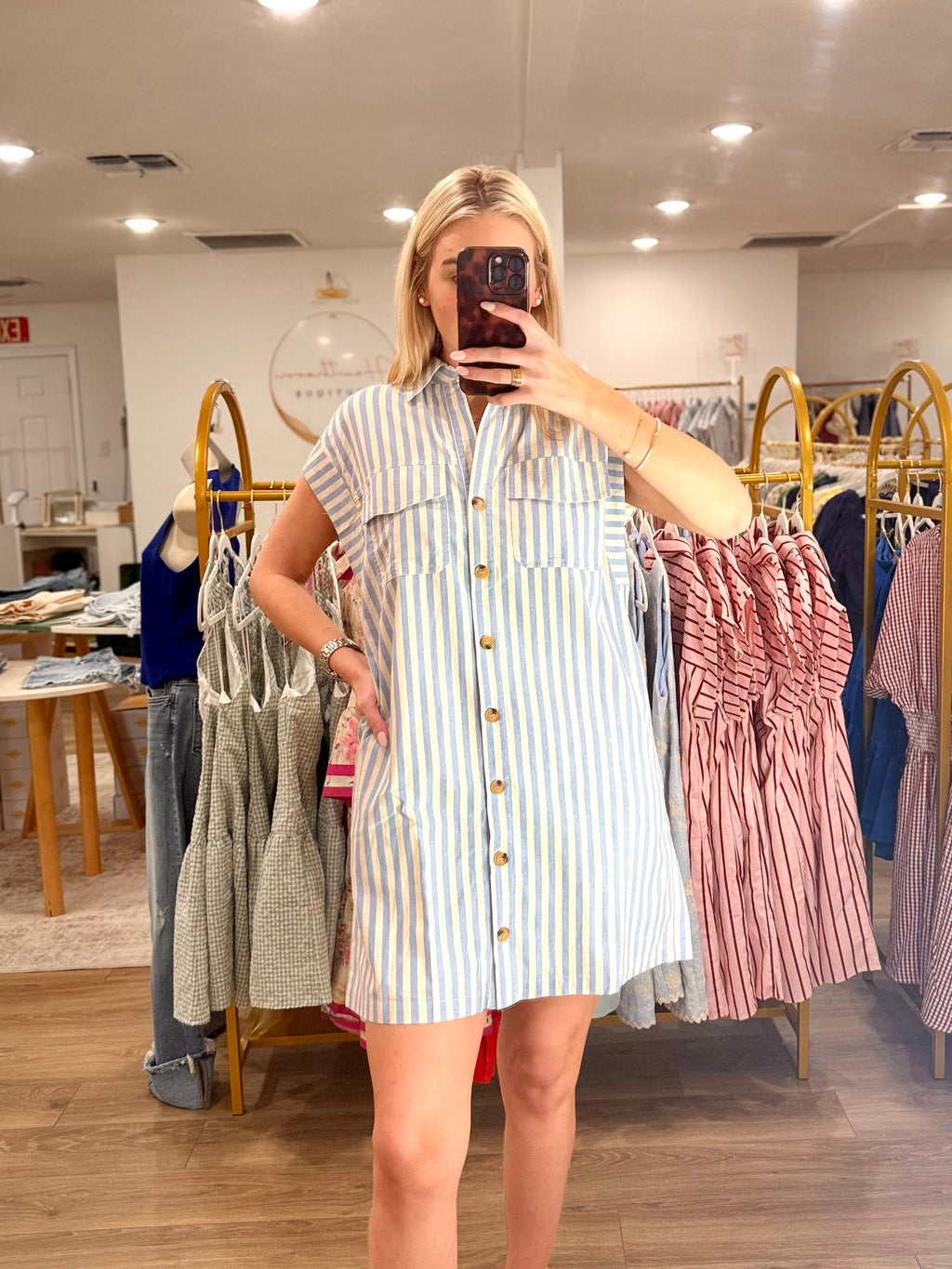 Plus-Drop Shoulder Button Up Woven Dress with Side Pockets