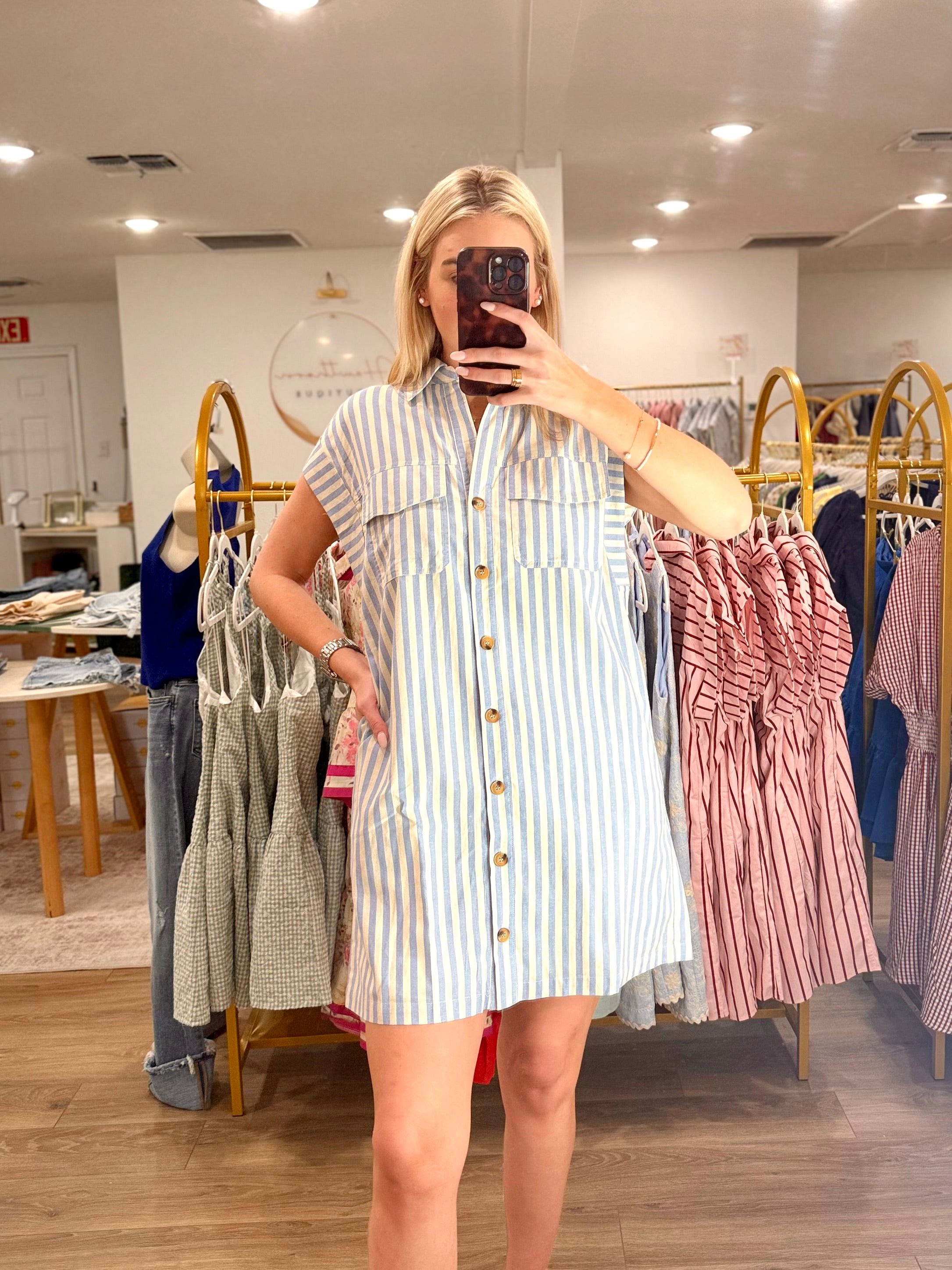 Plus-Drop Shoulder Button Up Woven Dress with Side Pockets