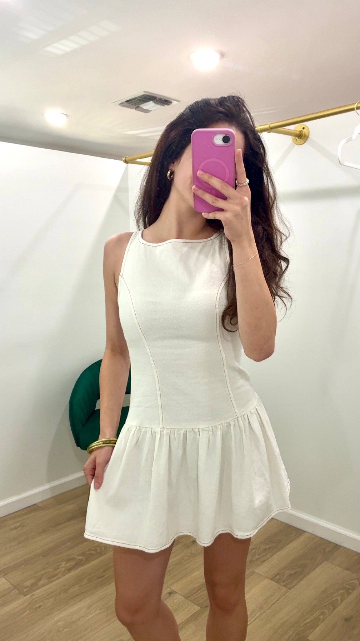 Boat Neck White Denim Dress