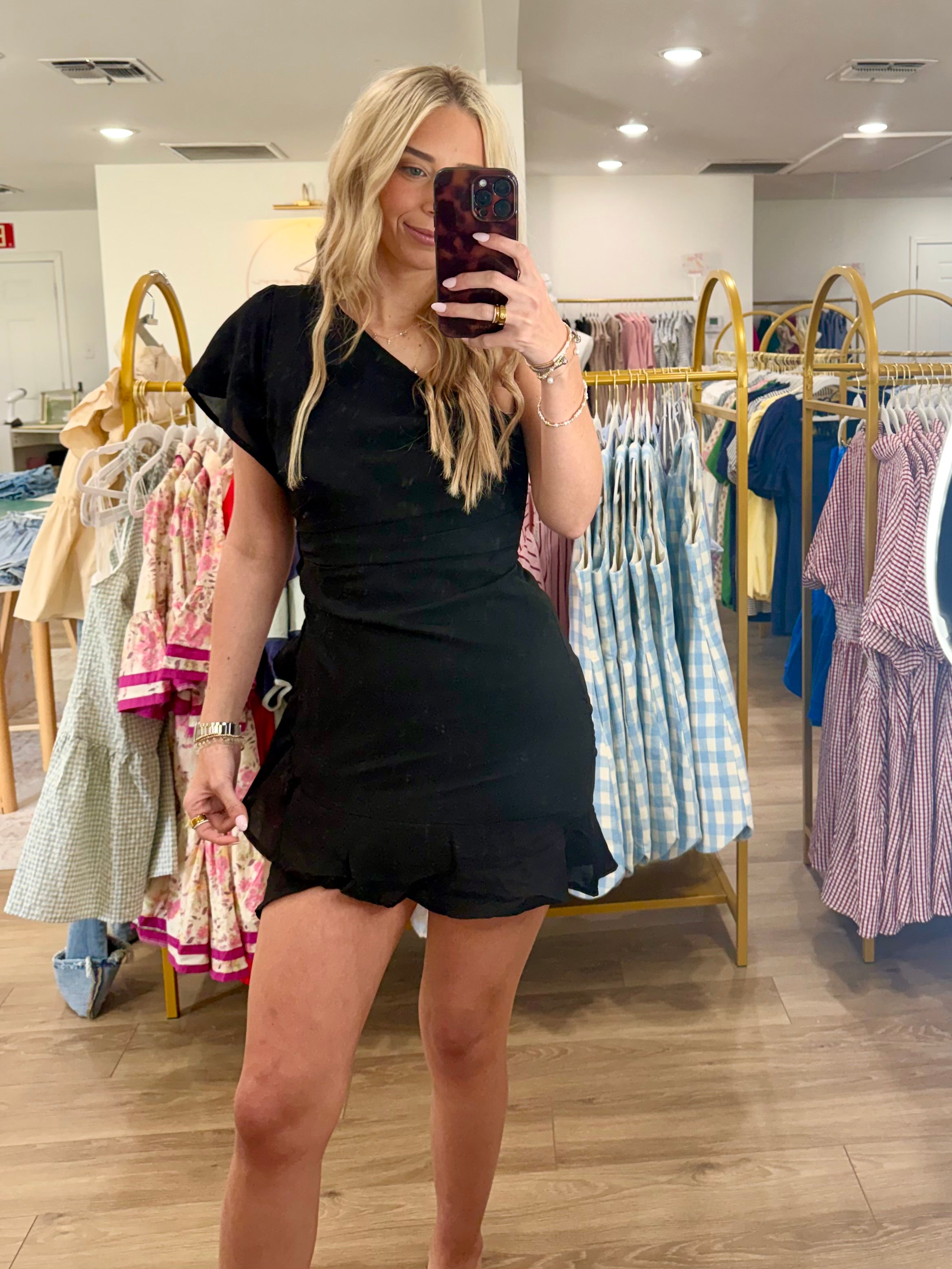 Short Sleeve Flutter Woven Dress With Shirred Detail & Ruffle Hem