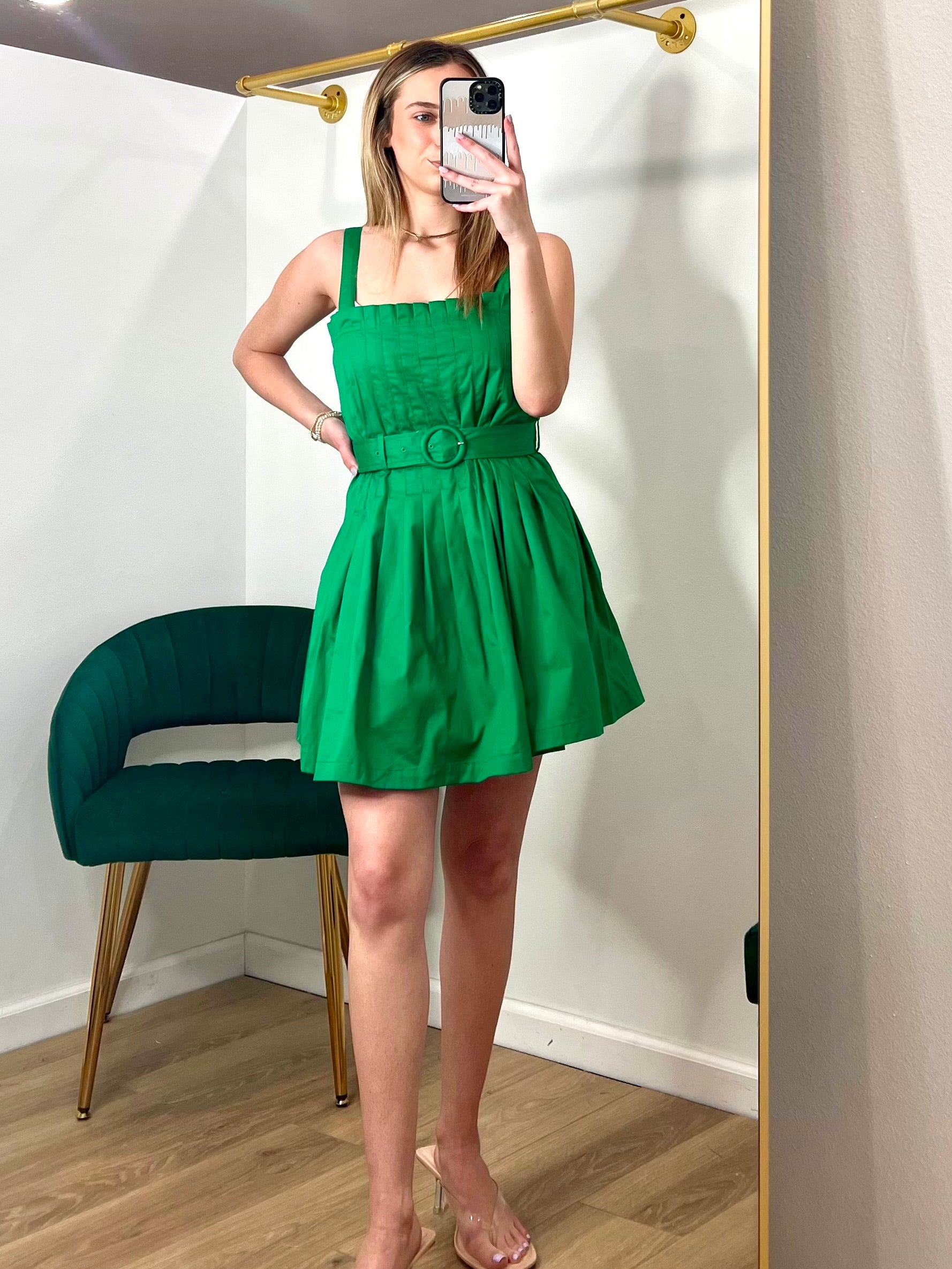 TCEC Pleated Bodice Square Belt Dress