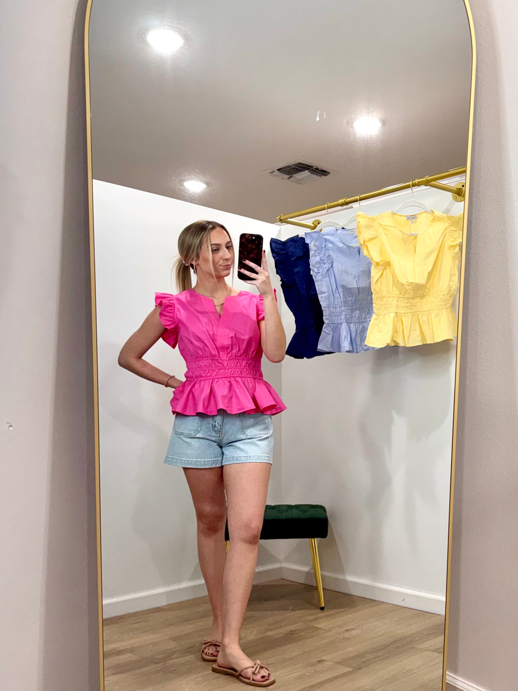Ruffled Sleeve V Neck Woven Top With Elastic Waistband