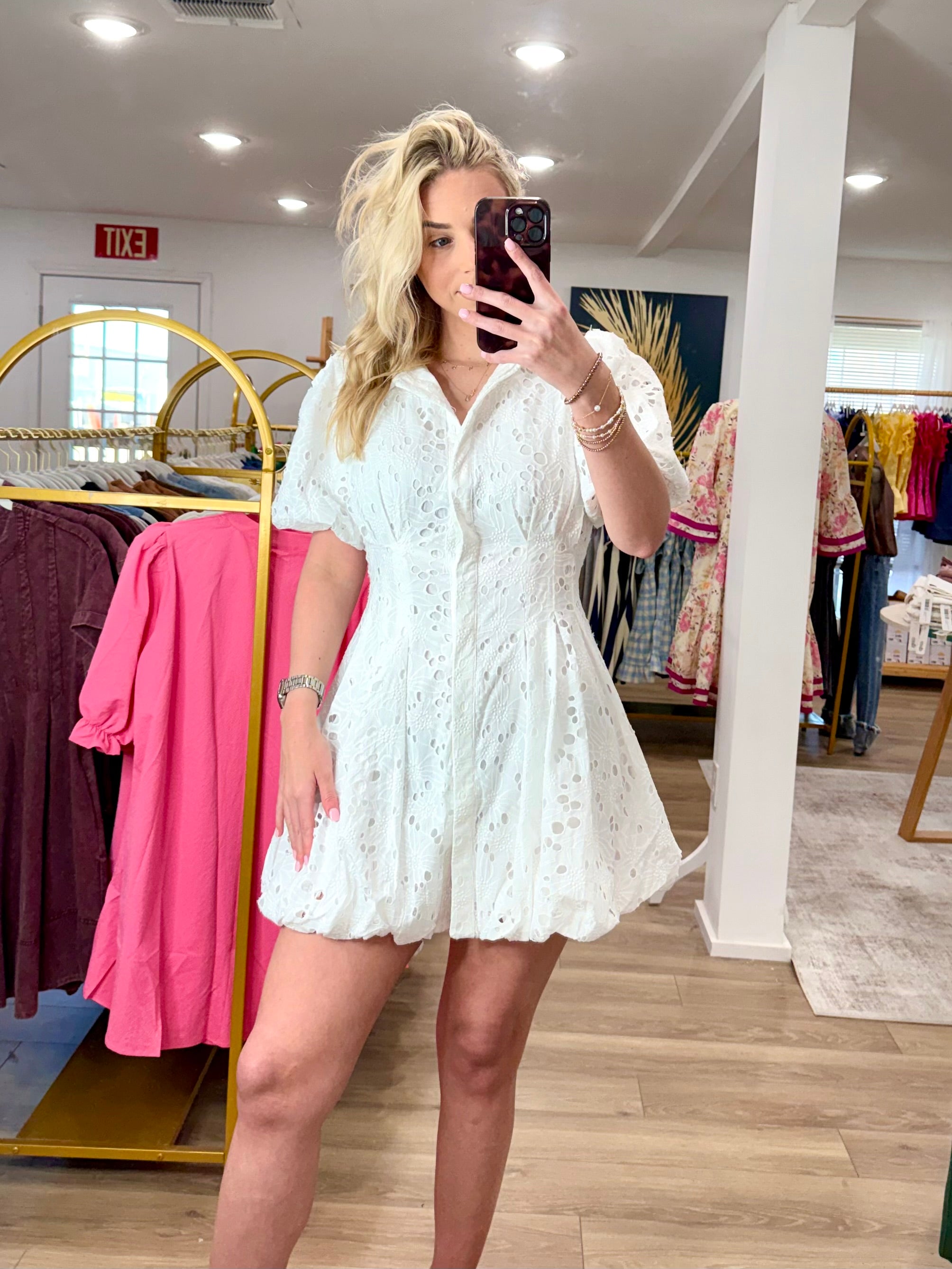 Eyelet Collared Neck Hidden Front Button Dress
