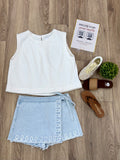 White Denim Back Button Top