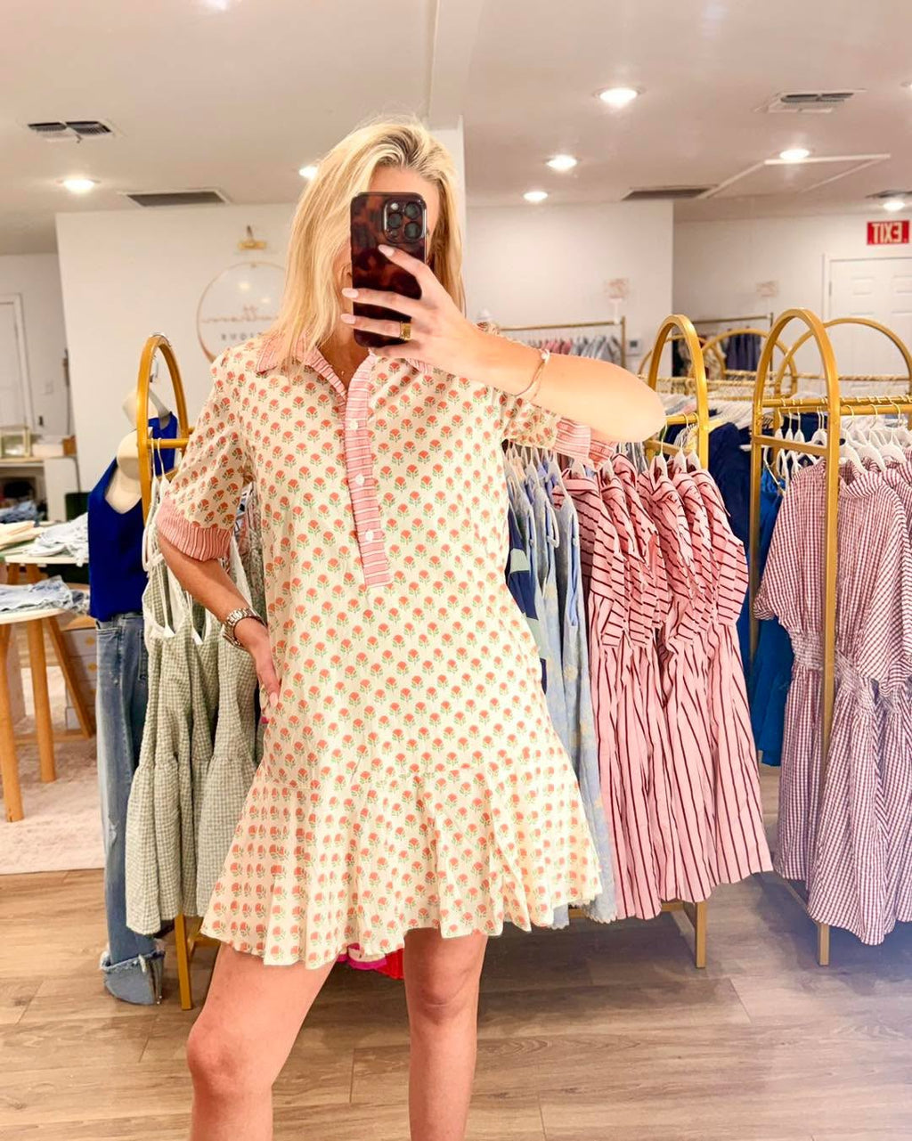 Short Sleeve Half Button Down Floral Print Mini Dress