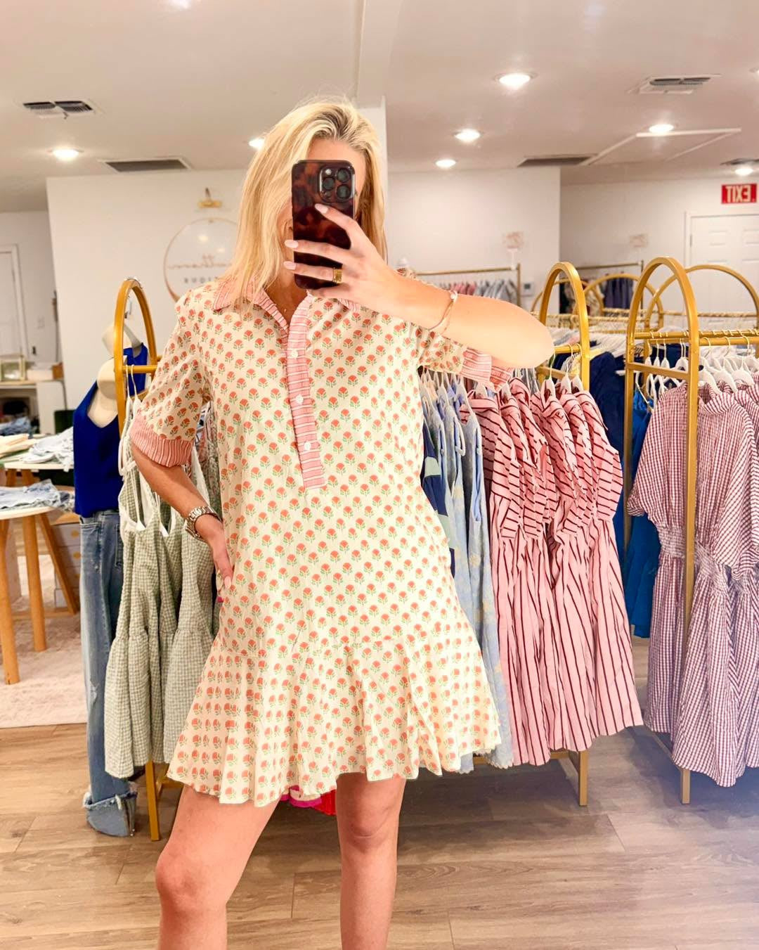 Short Sleeve Half Button Down Floral Print Mini Dress