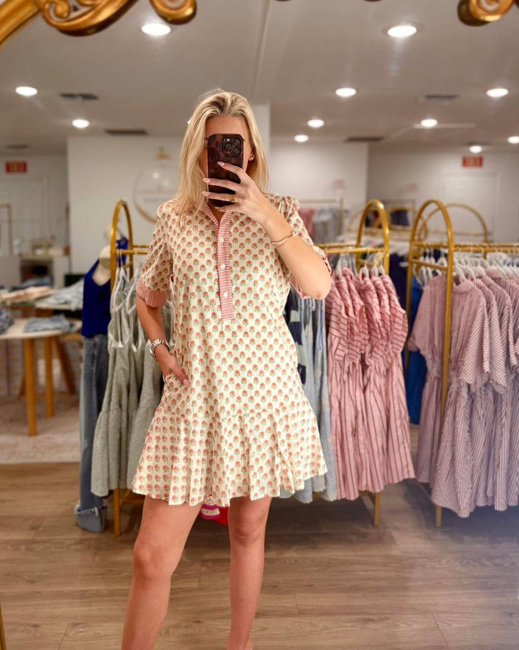 Short Sleeve Half Button Down Floral Print Mini Dress