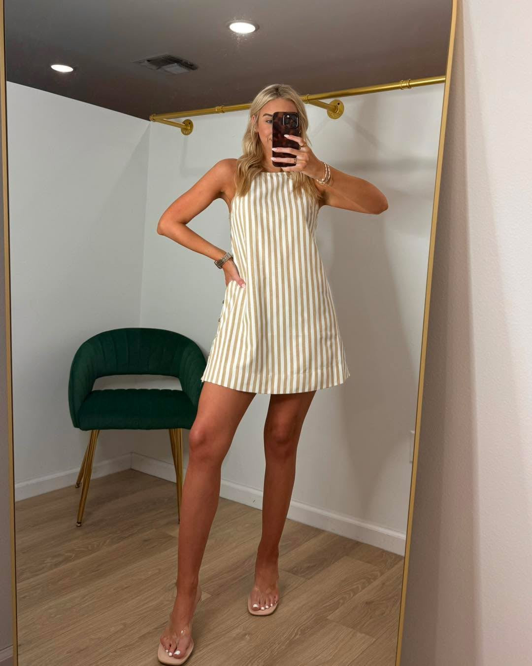 Taupe Striped Side Button Dress