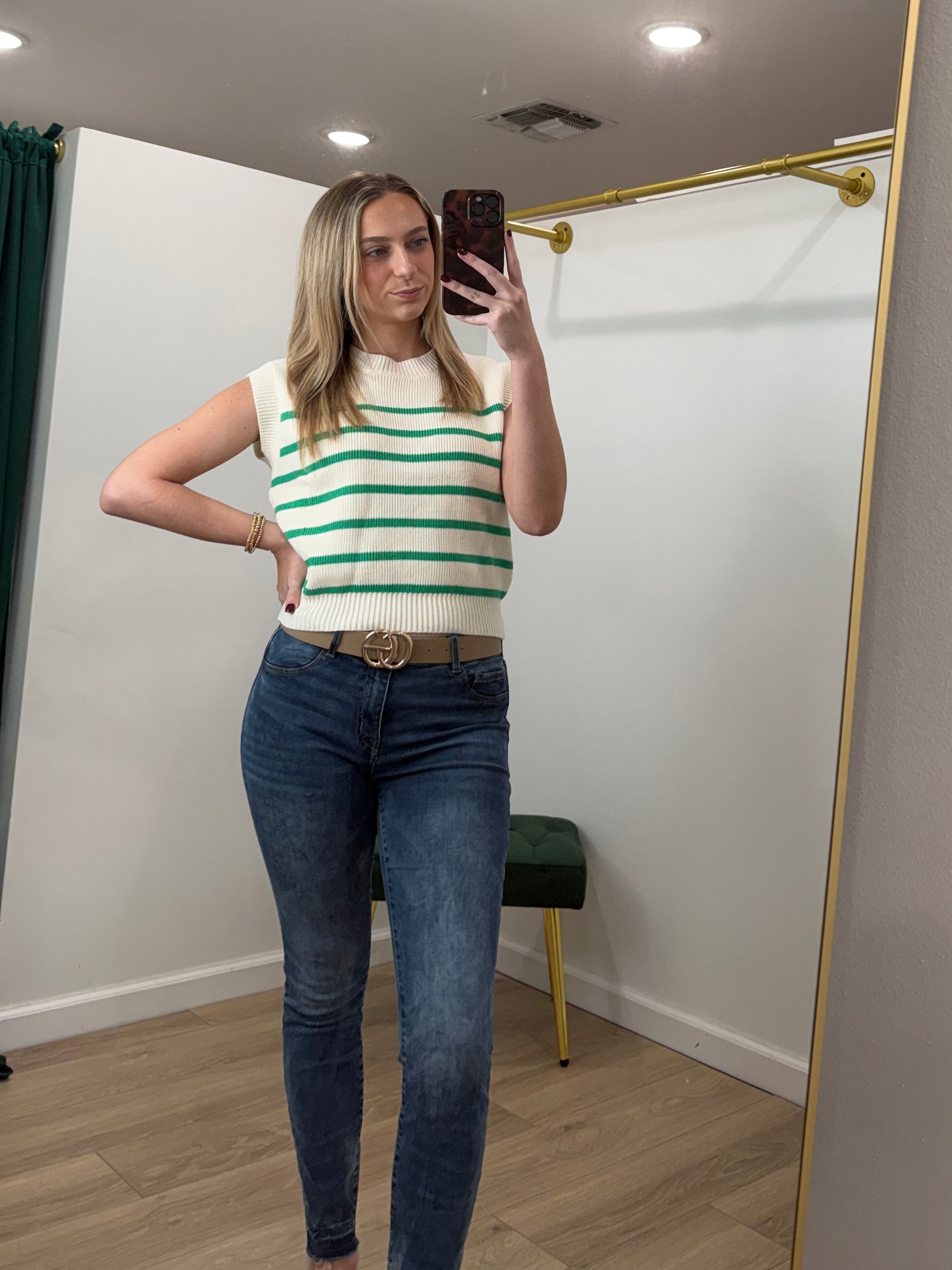 She + Sky Sleeveless Round Neck Striped Sweater