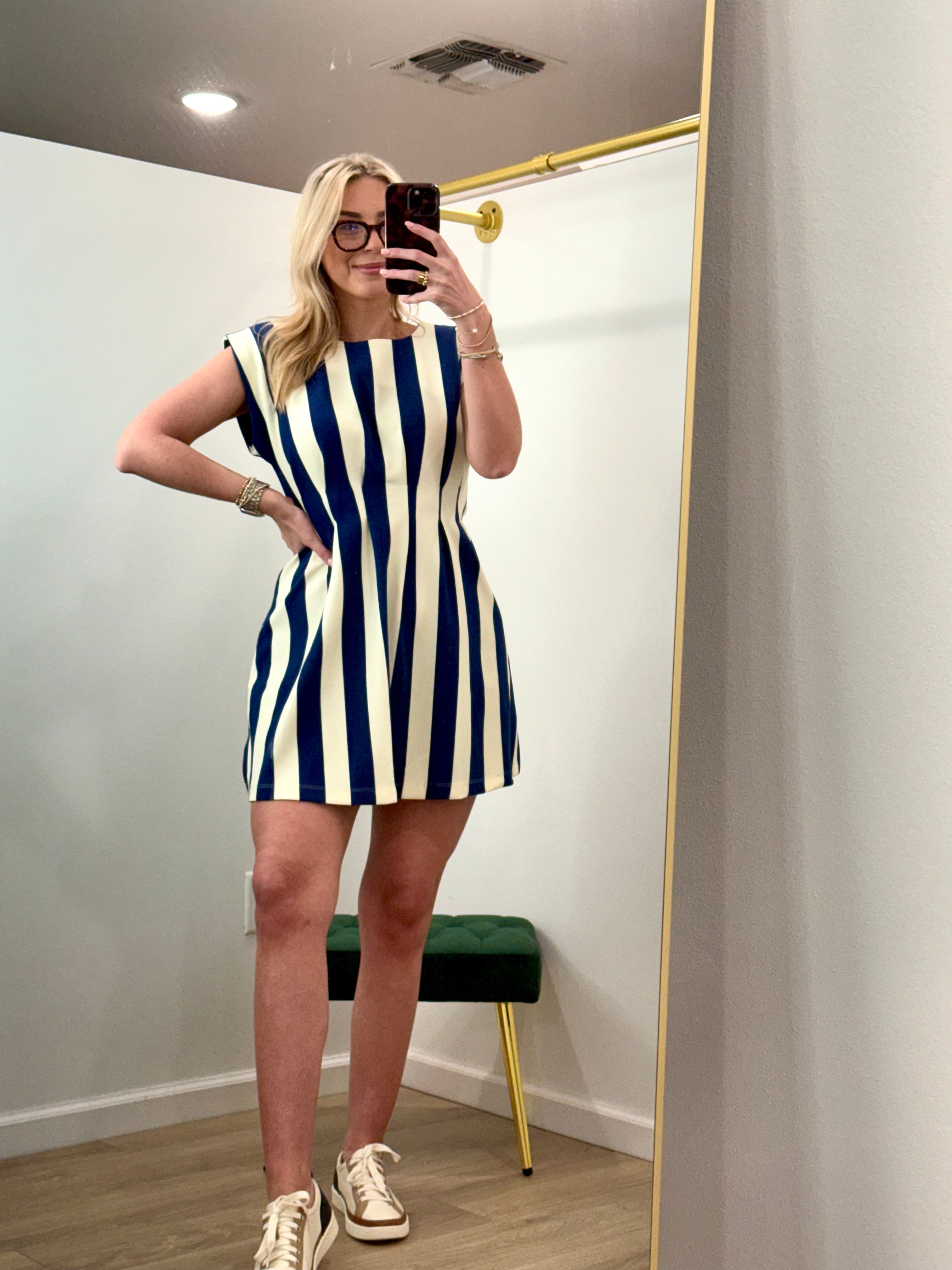 Glam Round Neck Waist Pleated Mini Dress