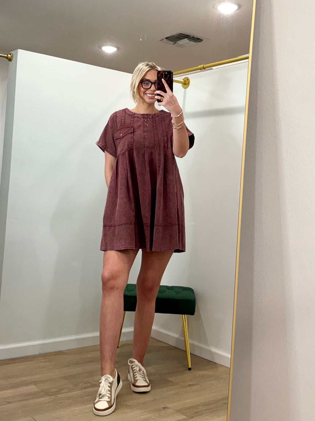Snow Washed Pleated Side Pocket Mini Dress