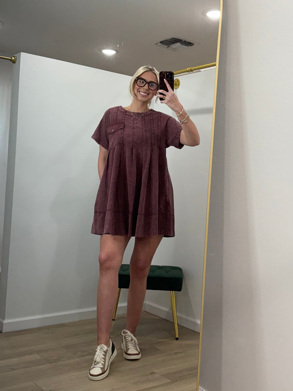 Snow Washed Pleated Side Pocket Mini Dress