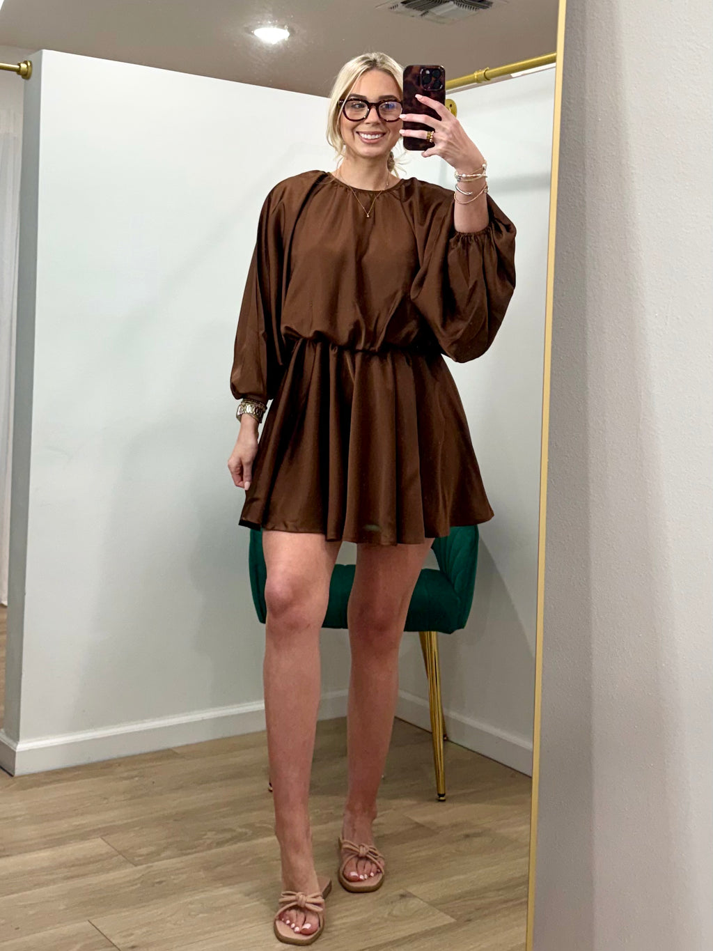 Puff Long Sleeve Flowing Mini Dress