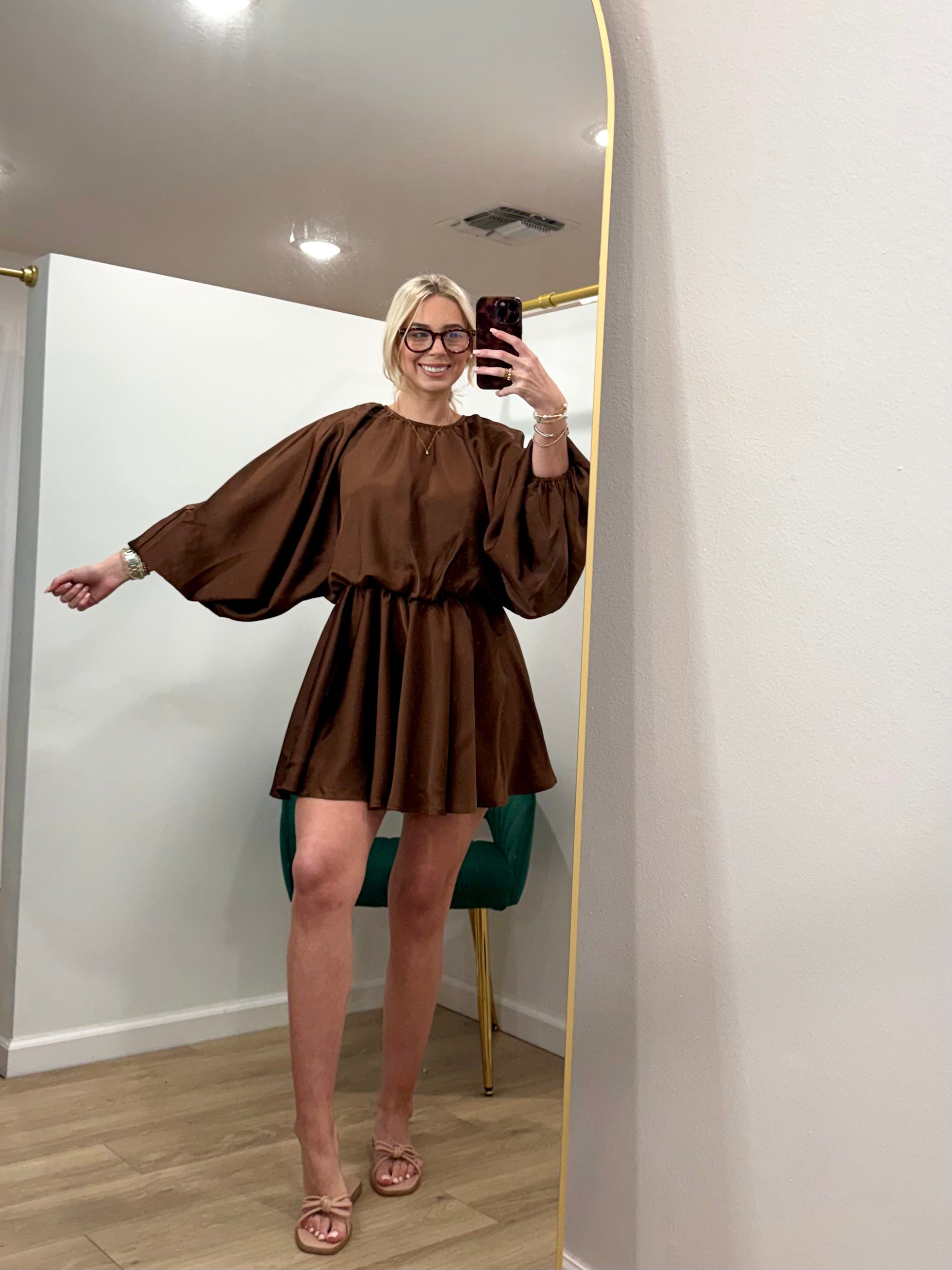 Puff Long Sleeve Flowing Mini Dress