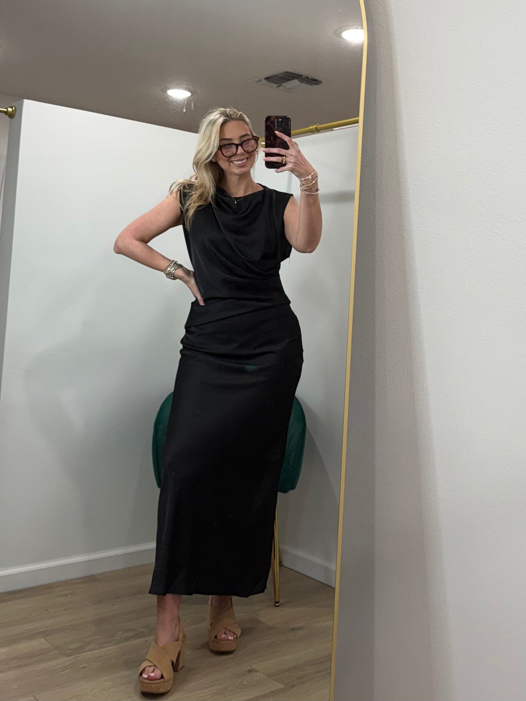 Glam Mock Neck Column Ankle Length Satin Dress