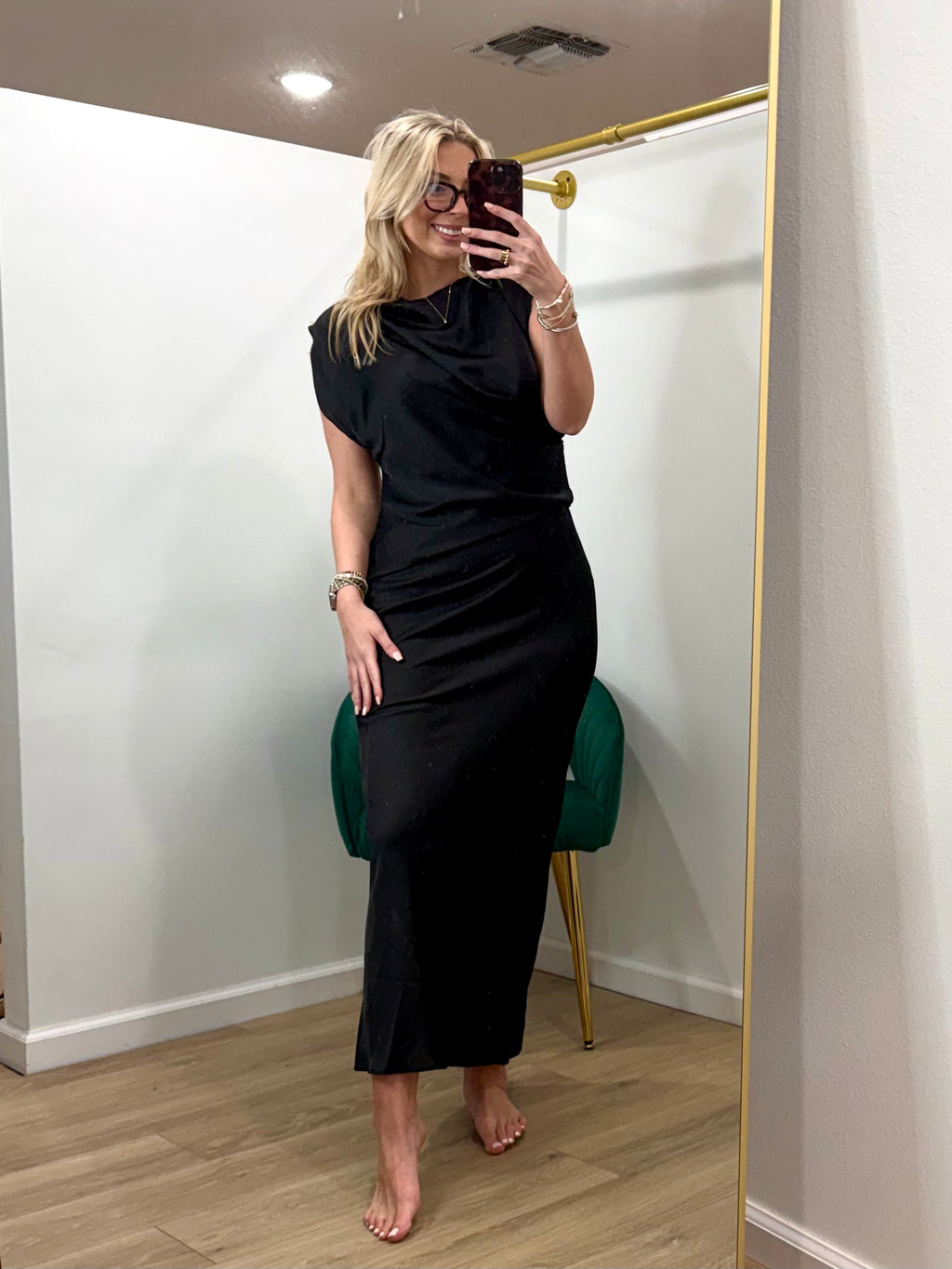 Glam Mock Neck Column Ankle Length Satin Dress