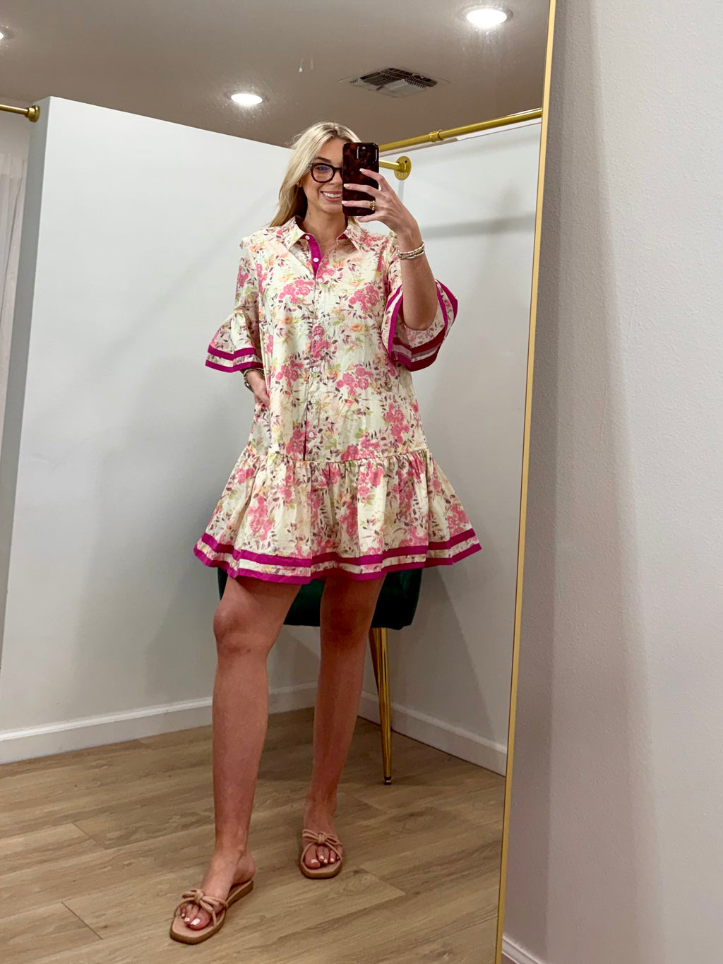 Bell Sleeve Button Down Floral Print Mini Dress With Pockets