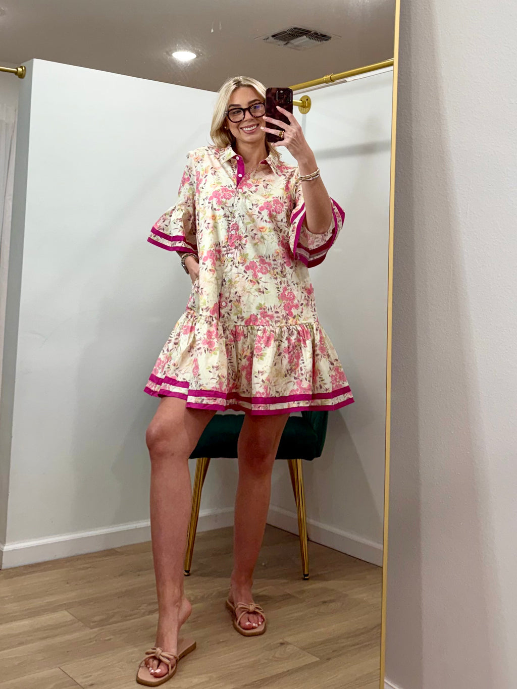 Bell Sleeve Button Down Floral Print Mini Dress With Pockets