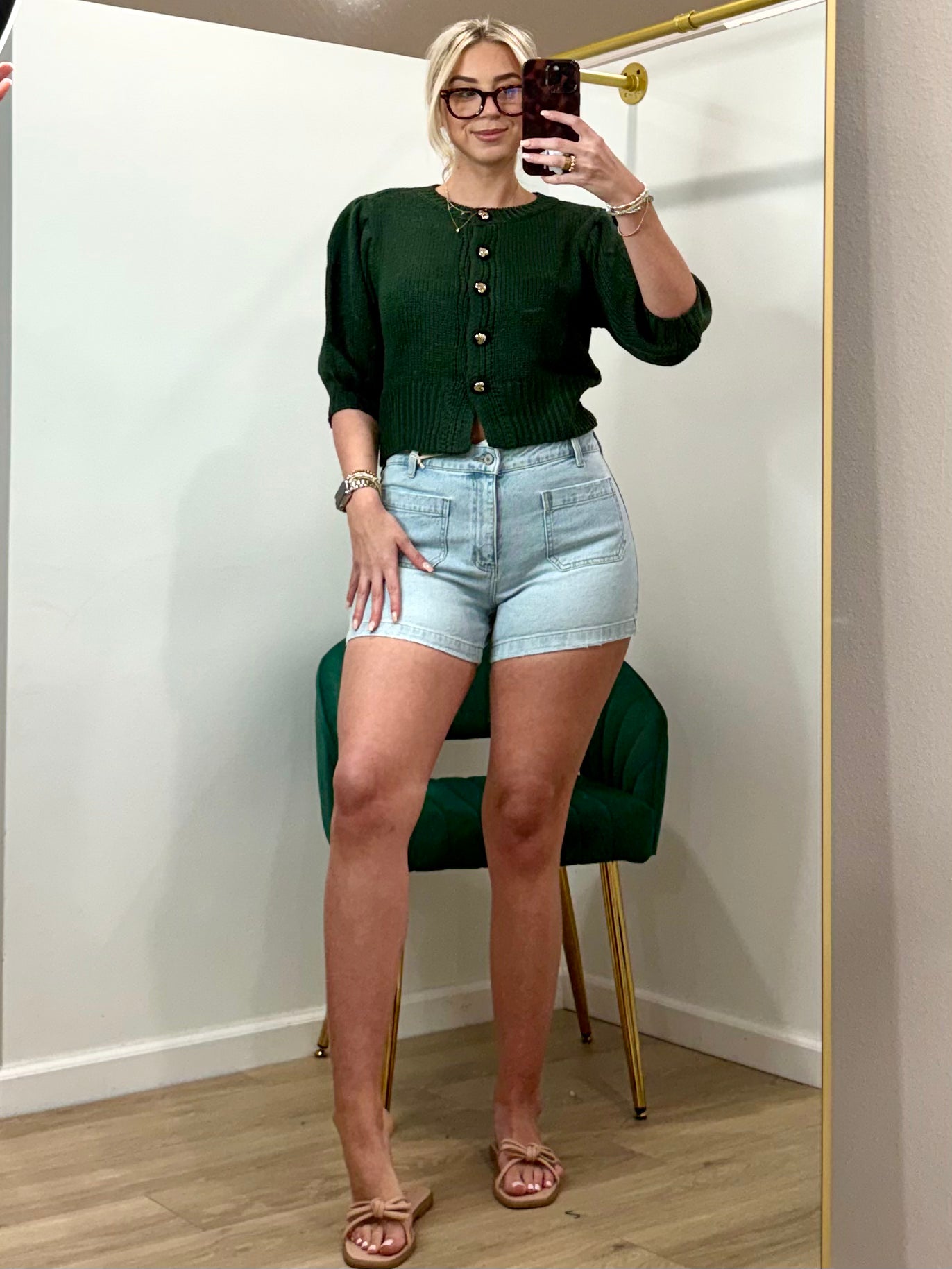 Glam Short Puff Sleeve Button Down Sweater