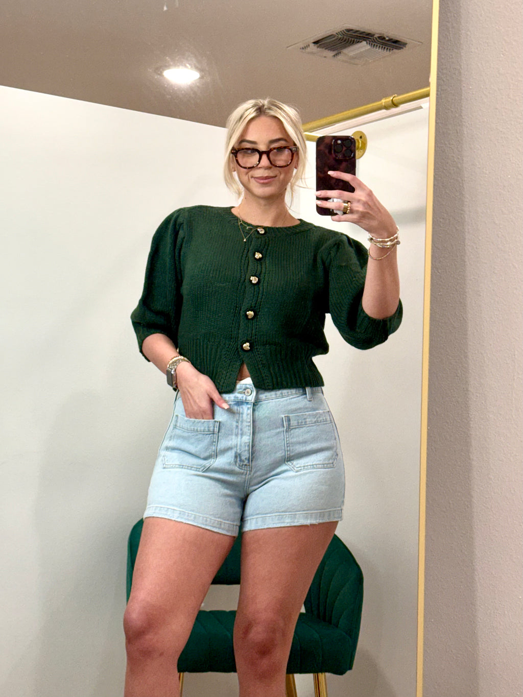 Glam Short Puff Sleeve Button Down Sweater