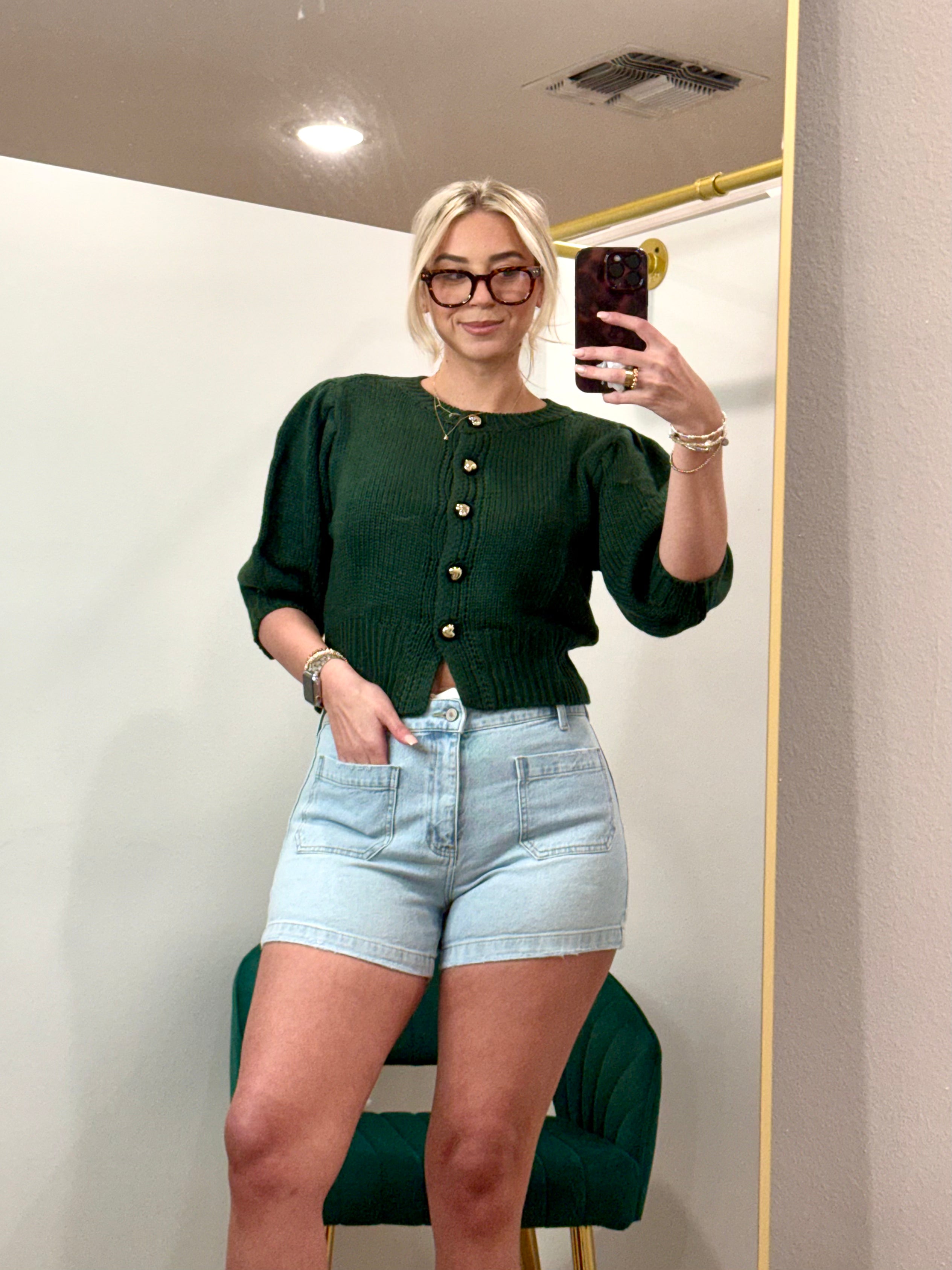 Glam Short Puff Sleeve Button Down Sweater