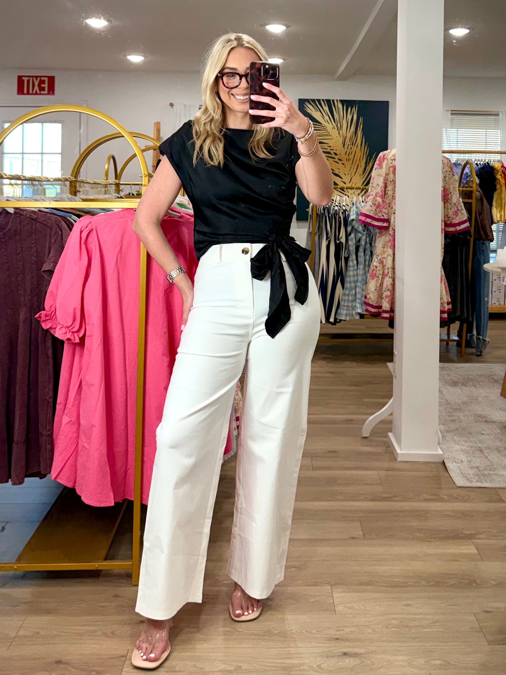 Glam Boat Neck Waist Tie Blouse