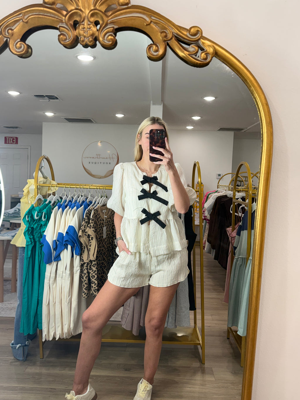 Stripe Bow Tied Short Sleeve Blouse & Shorts Set
