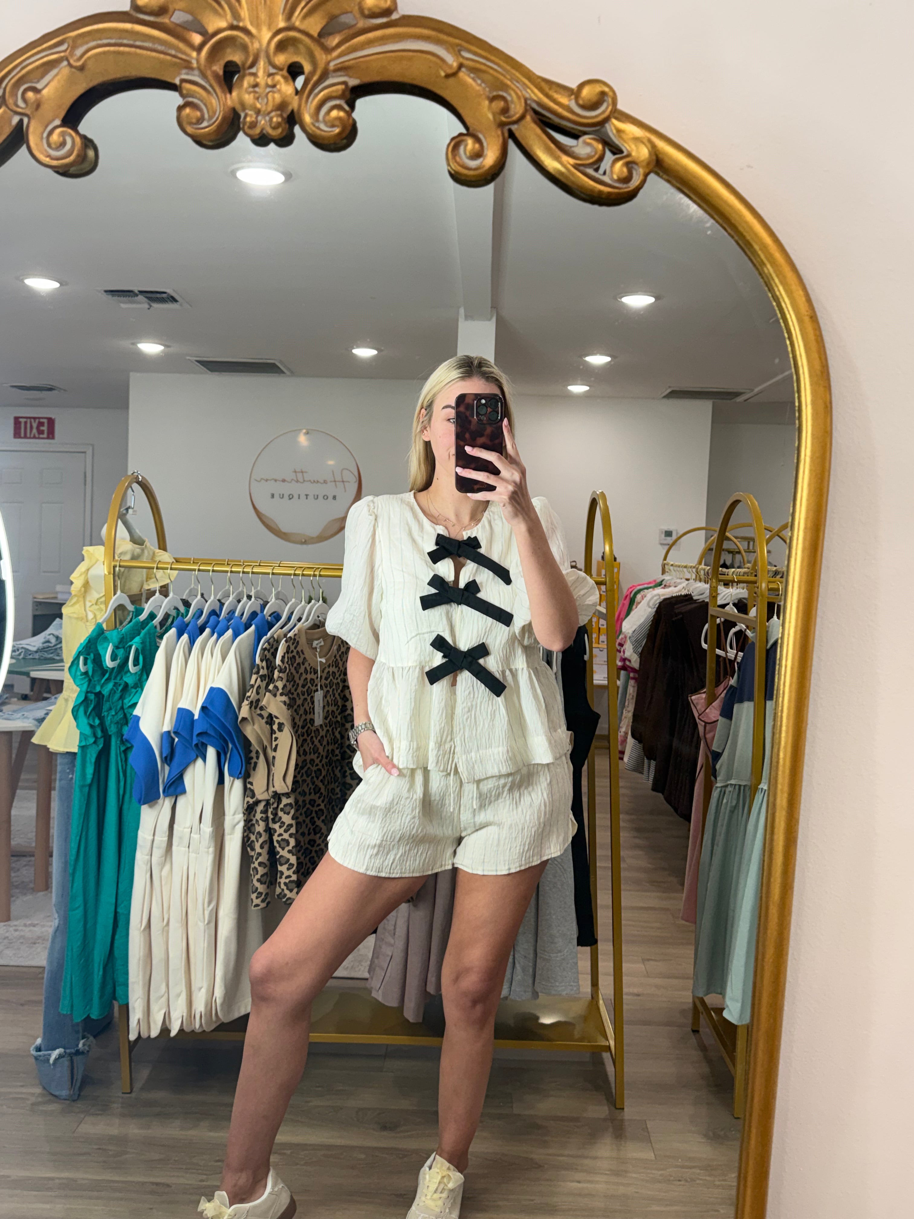 Stripe Bow Tied Short Sleeve Blouse & Shorts Set