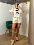 Stripe Bow Tied Short Sleeve Blouse & Shorts Set