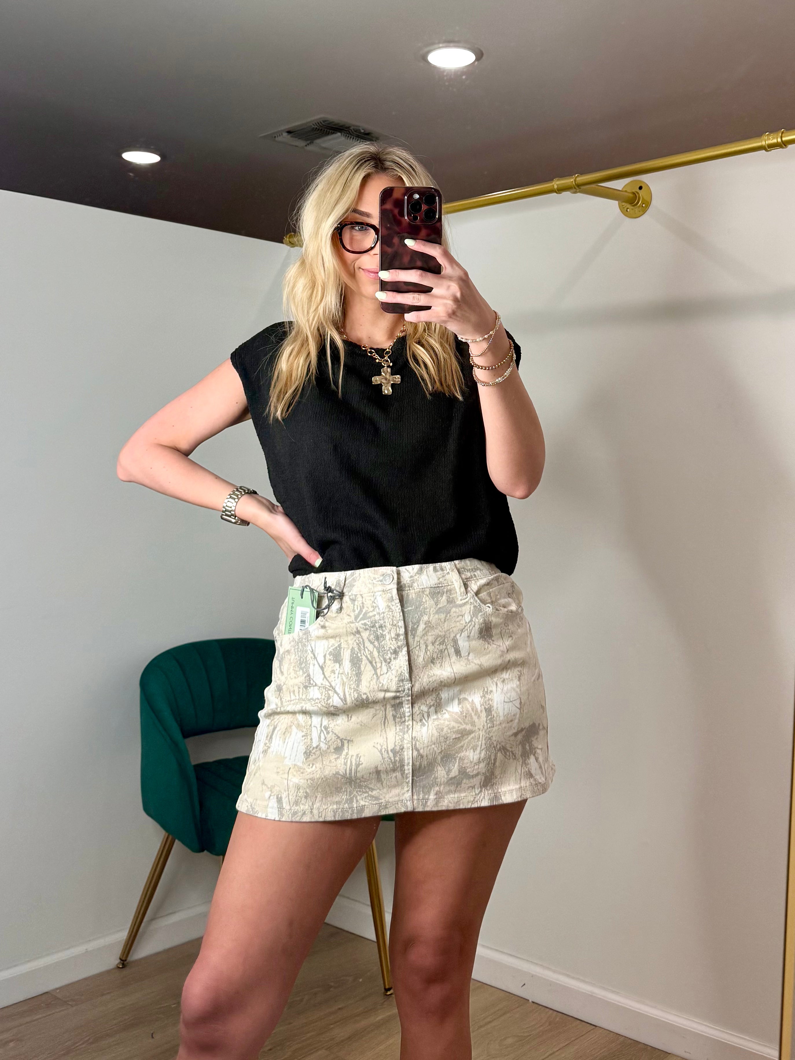 Saige Camo Low Waist Denim Skort