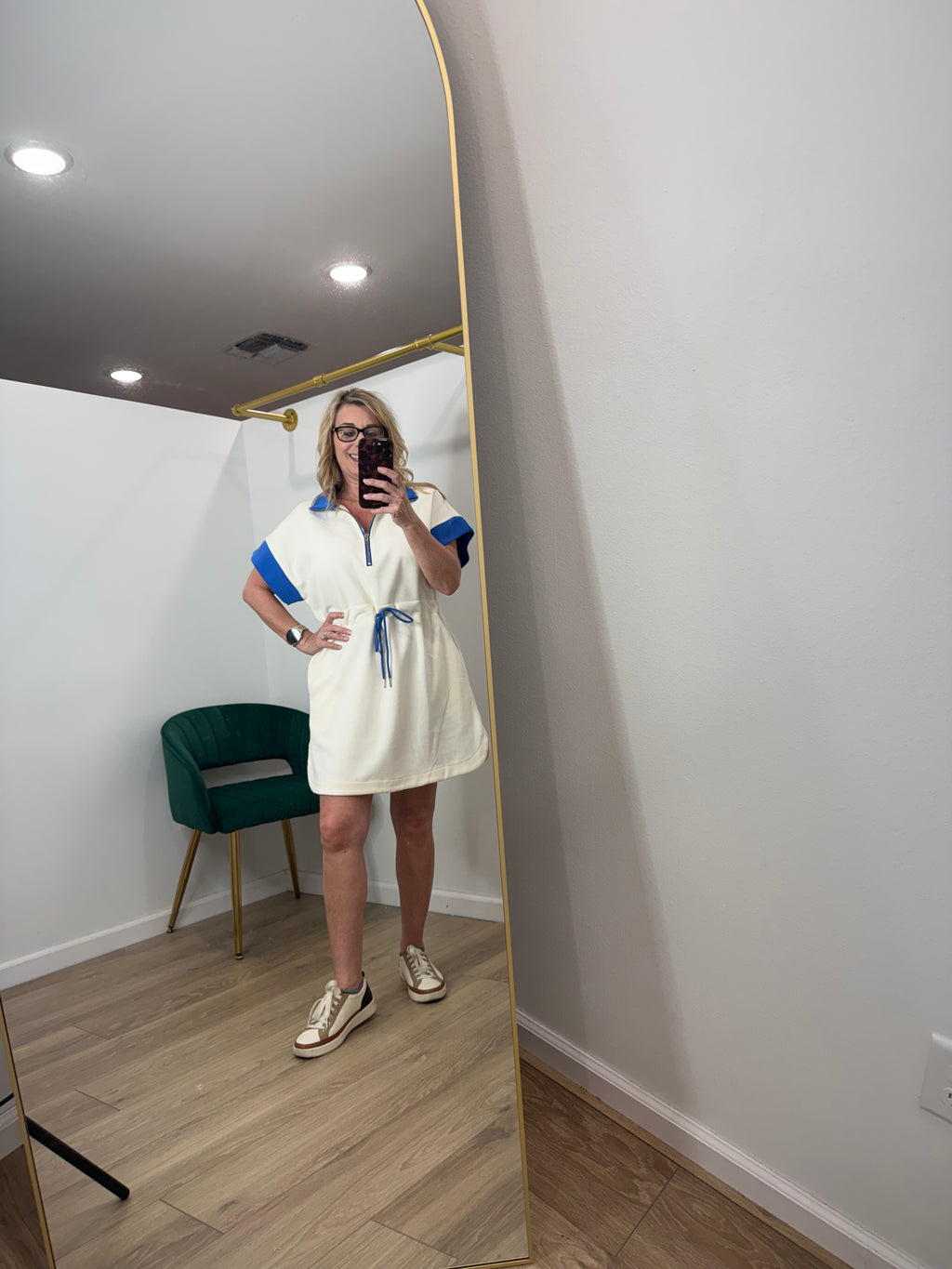 Short Sleeve Knit Zip Up Collared Color Block Dress w/ Drawstring