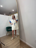 Short Sleeve Knit Zip Up Collared Color Block Dress w/ Drawstring