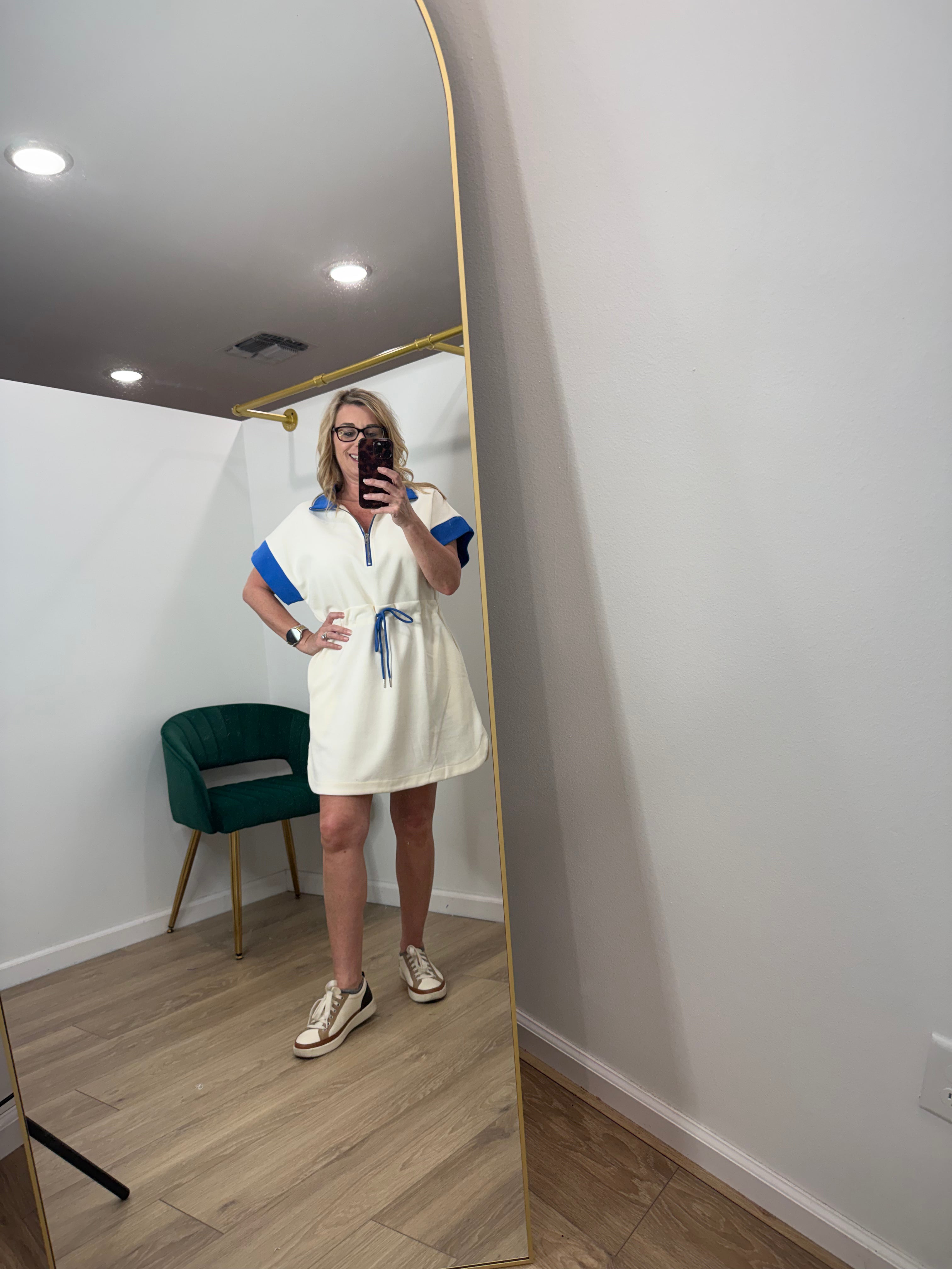 Short Sleeve Knit Zip Up Collared Color Block Dress w/ Drawstring