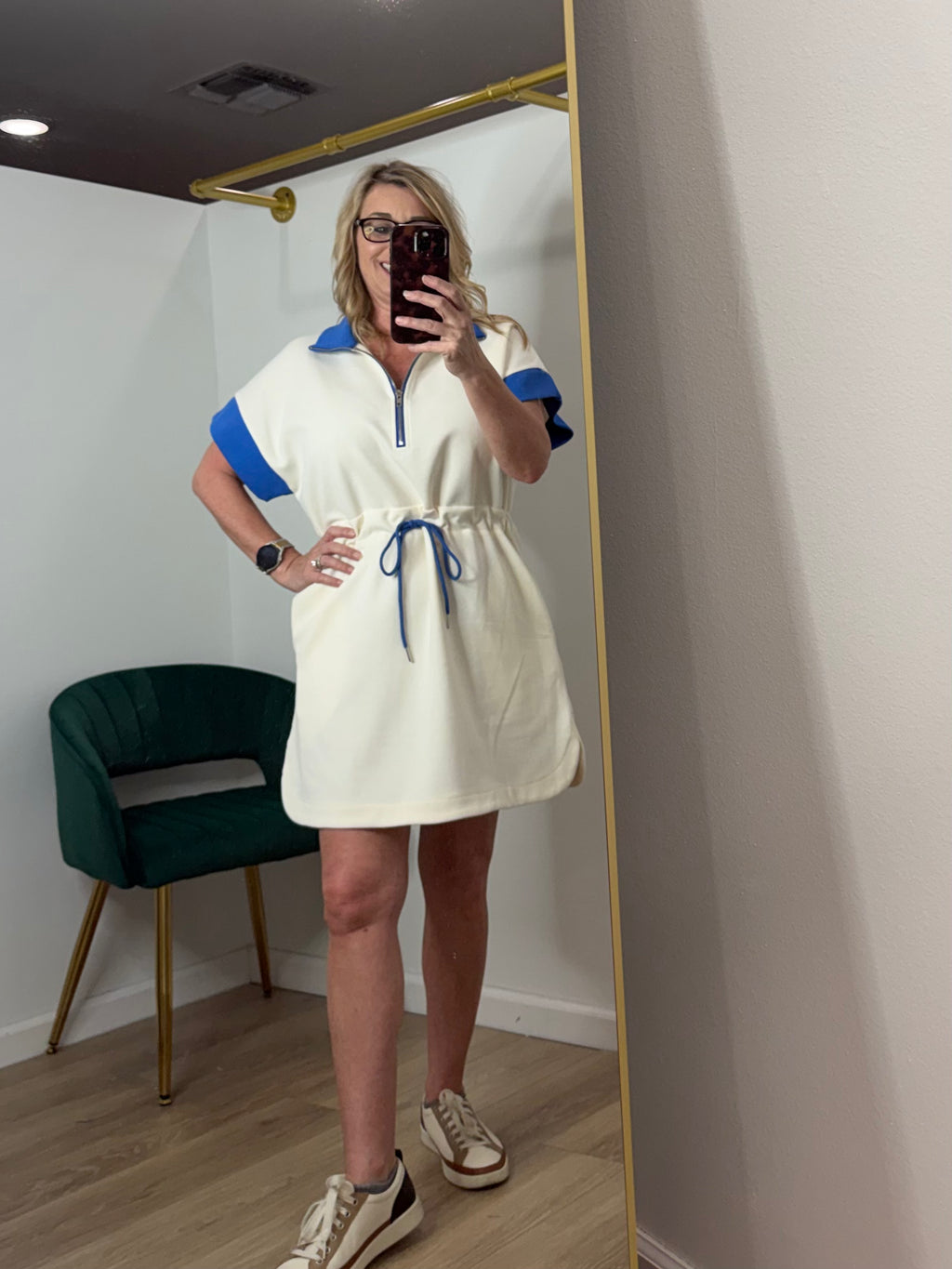 Short Sleeve Knit Zip Up Collared Color Block Dress w/ Drawstring