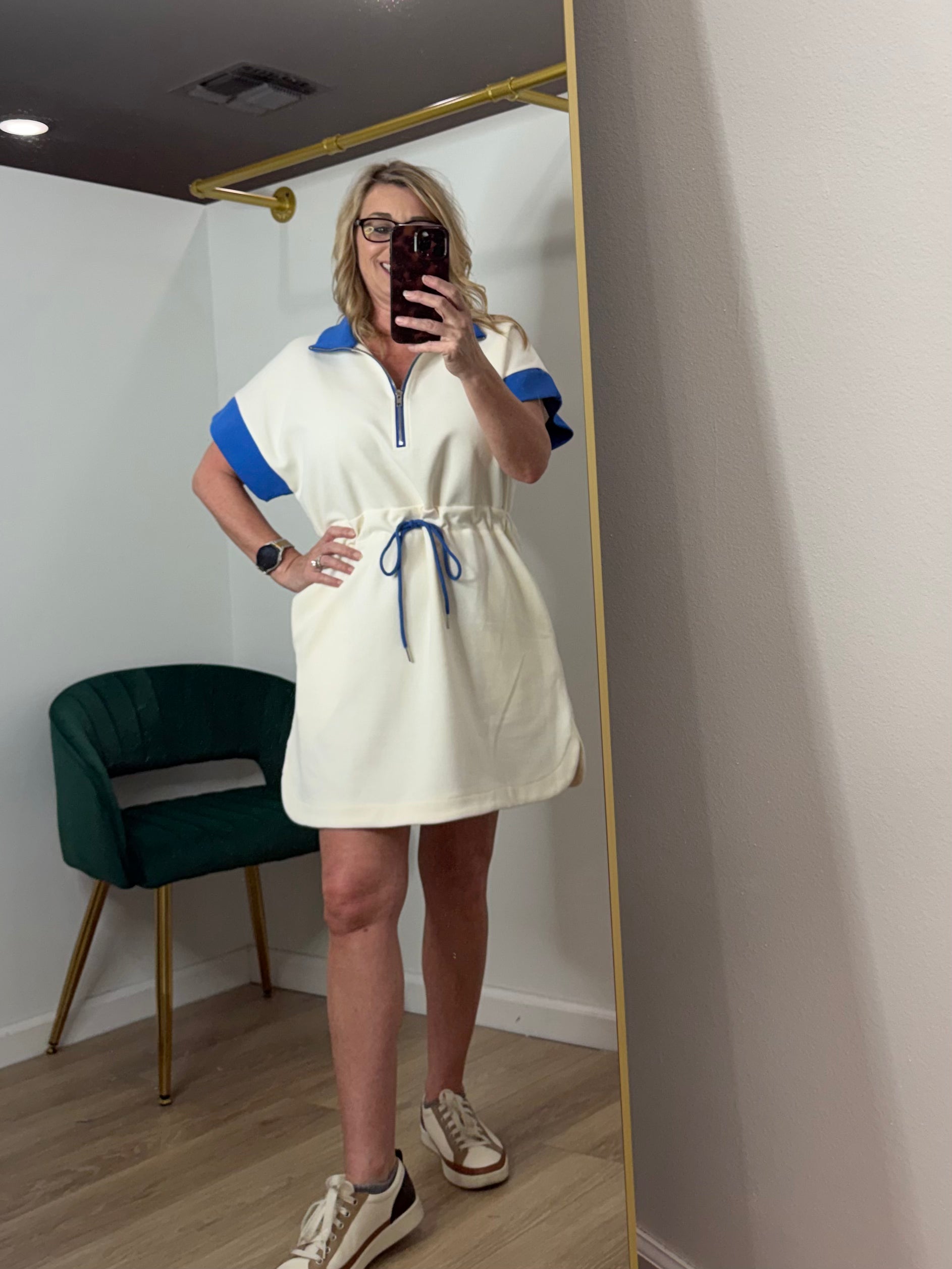 Short Sleeve Knit Zip Up Collared Color Block Dress w/ Drawstring