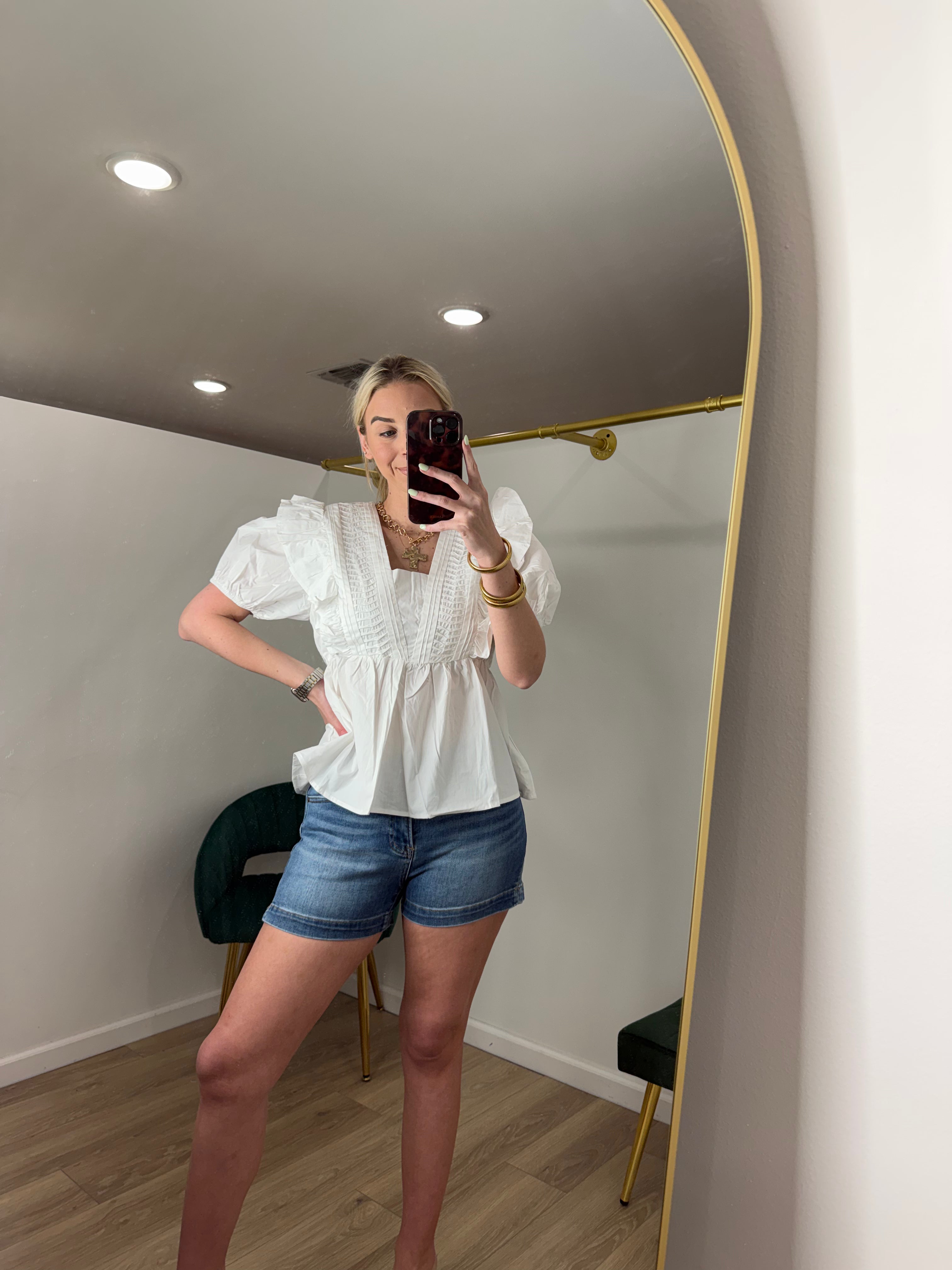 She+Sky Short Sleeve Off White Pintuck Detail Top
