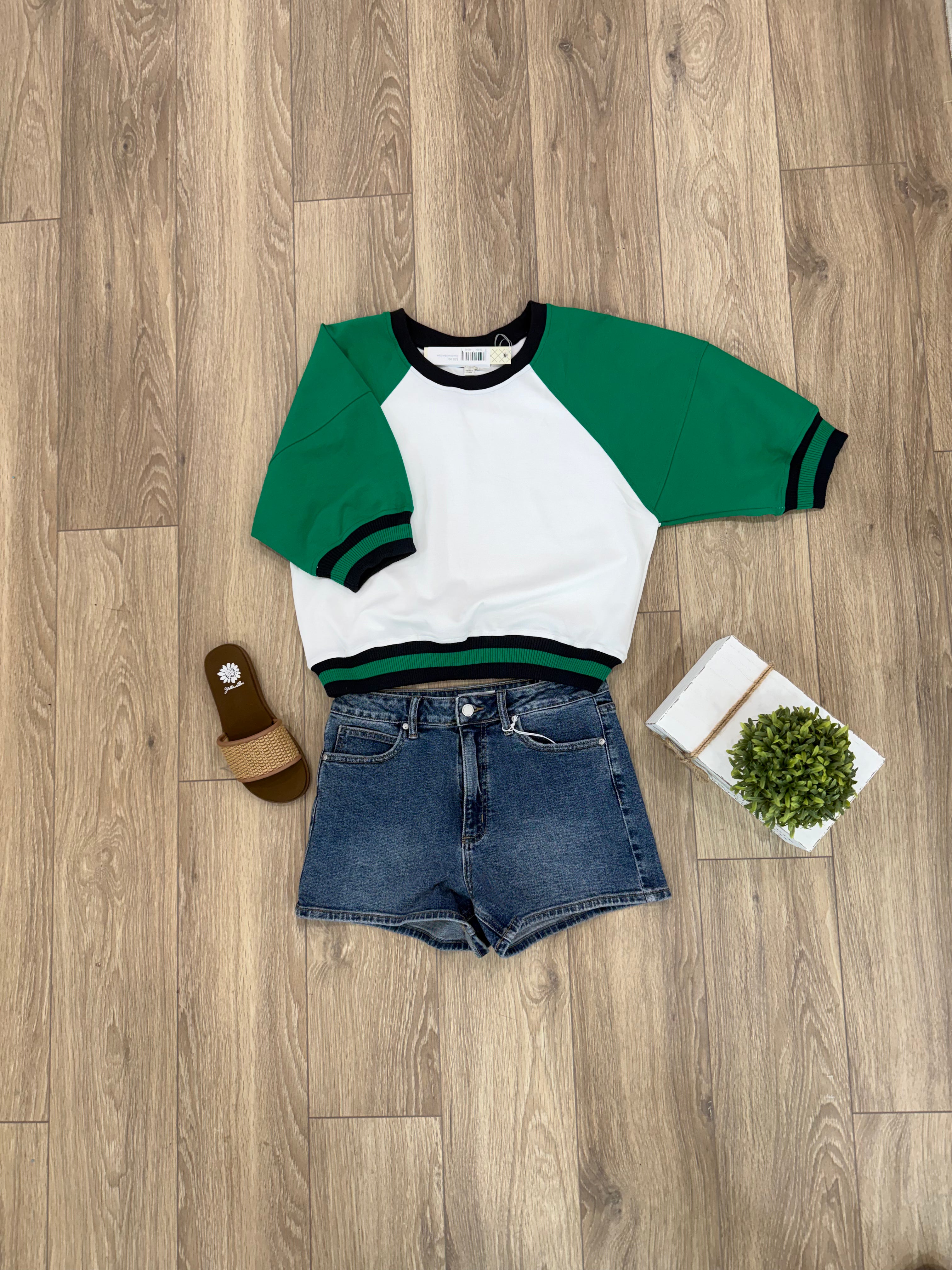 She+Sky Half Sleeve Green Color Block Knit Scuba Top