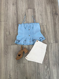 Horseshoe Embroidery Pintuck Denim Top