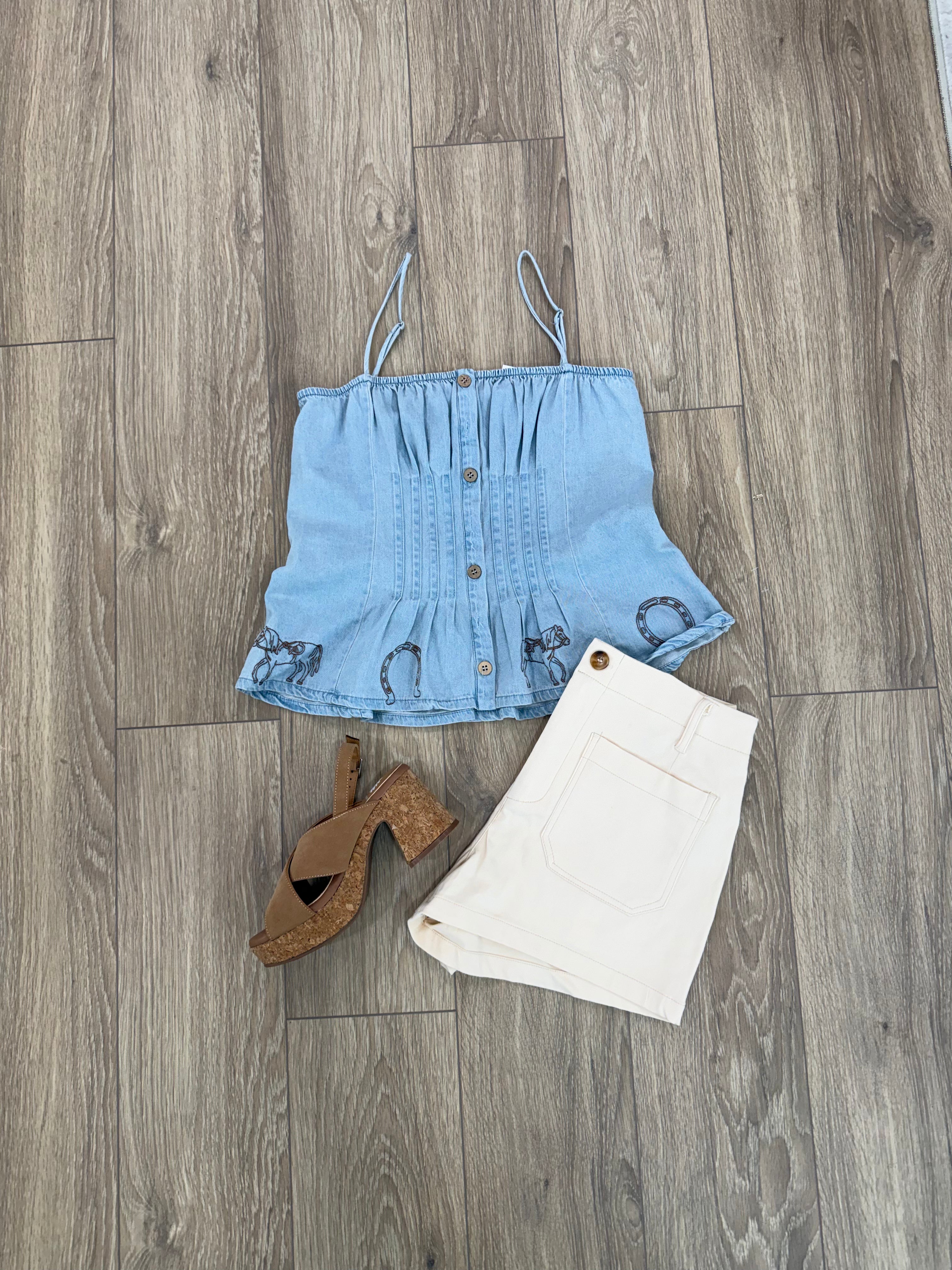 Horseshoe Embroidery Pintuck Denim Top