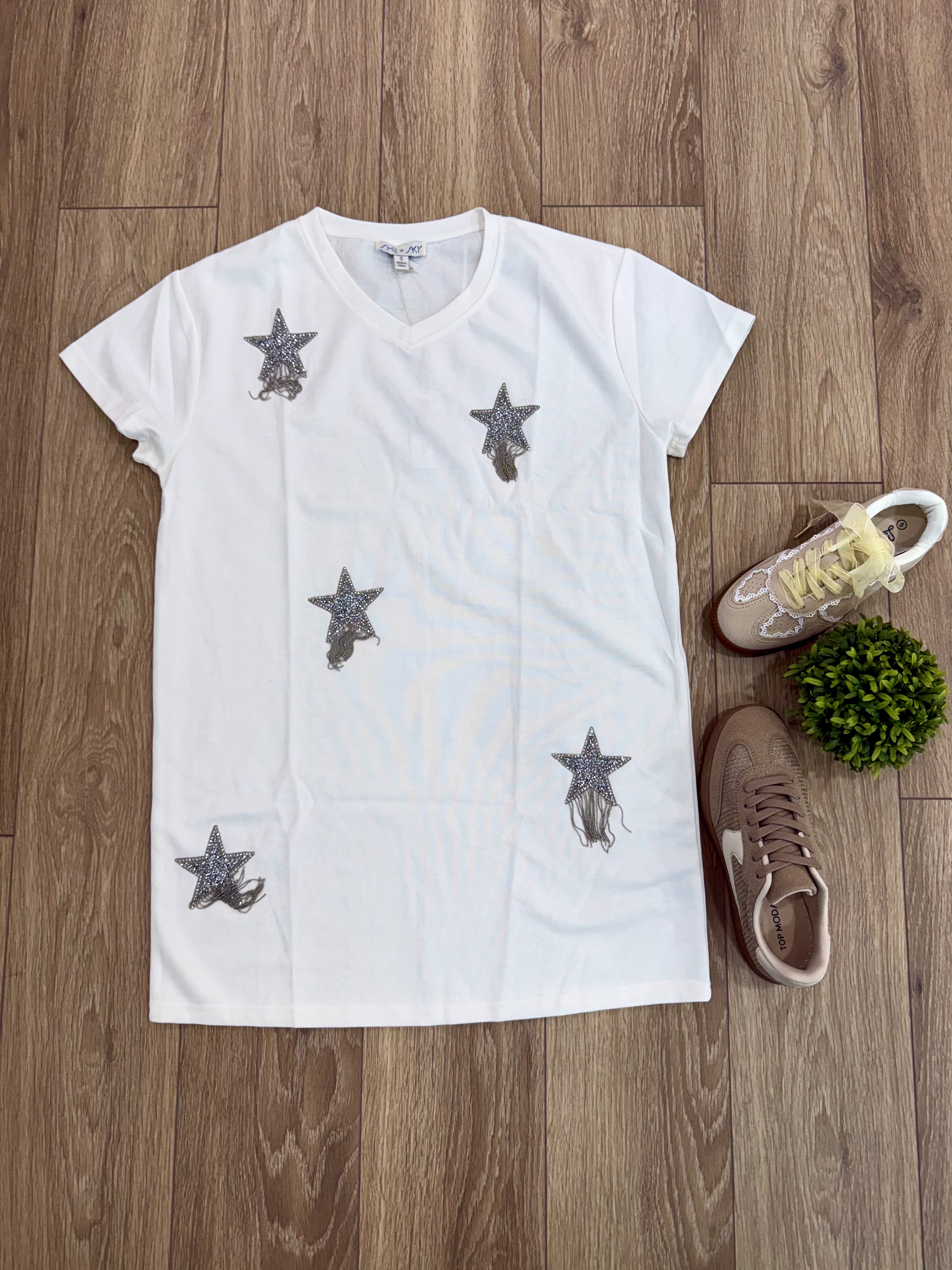 Short Sleeve Rhinestone Studded Star Fringe Dress