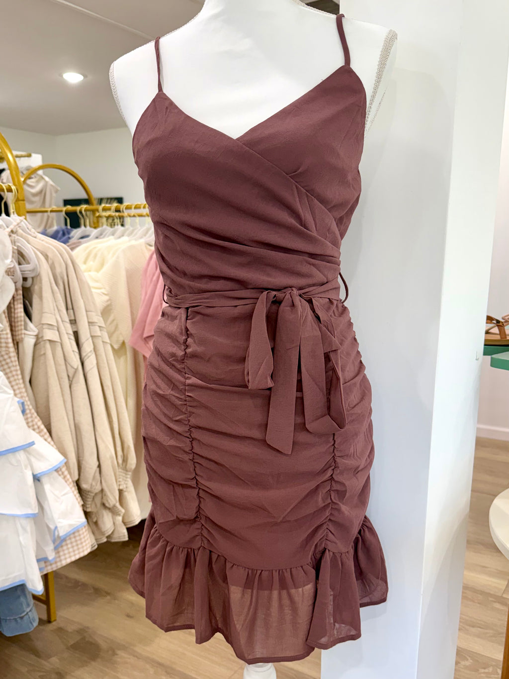 Sleeveless Woven Surplice Rouched Dress with Lining