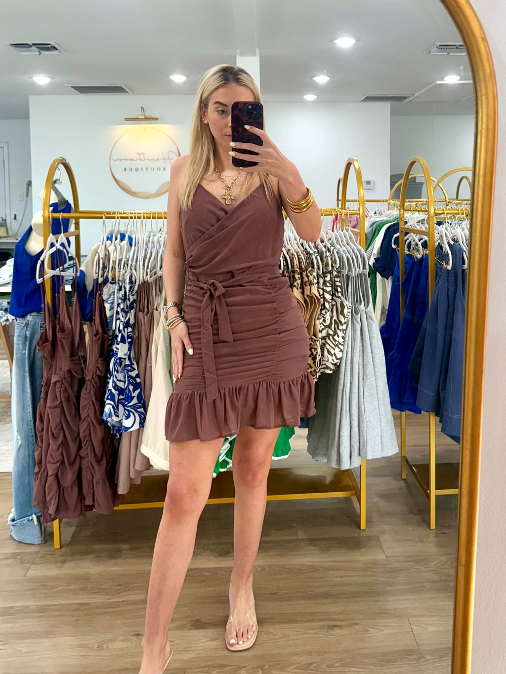 Sleeveless Woven Surplice Rouched Dress with Lining