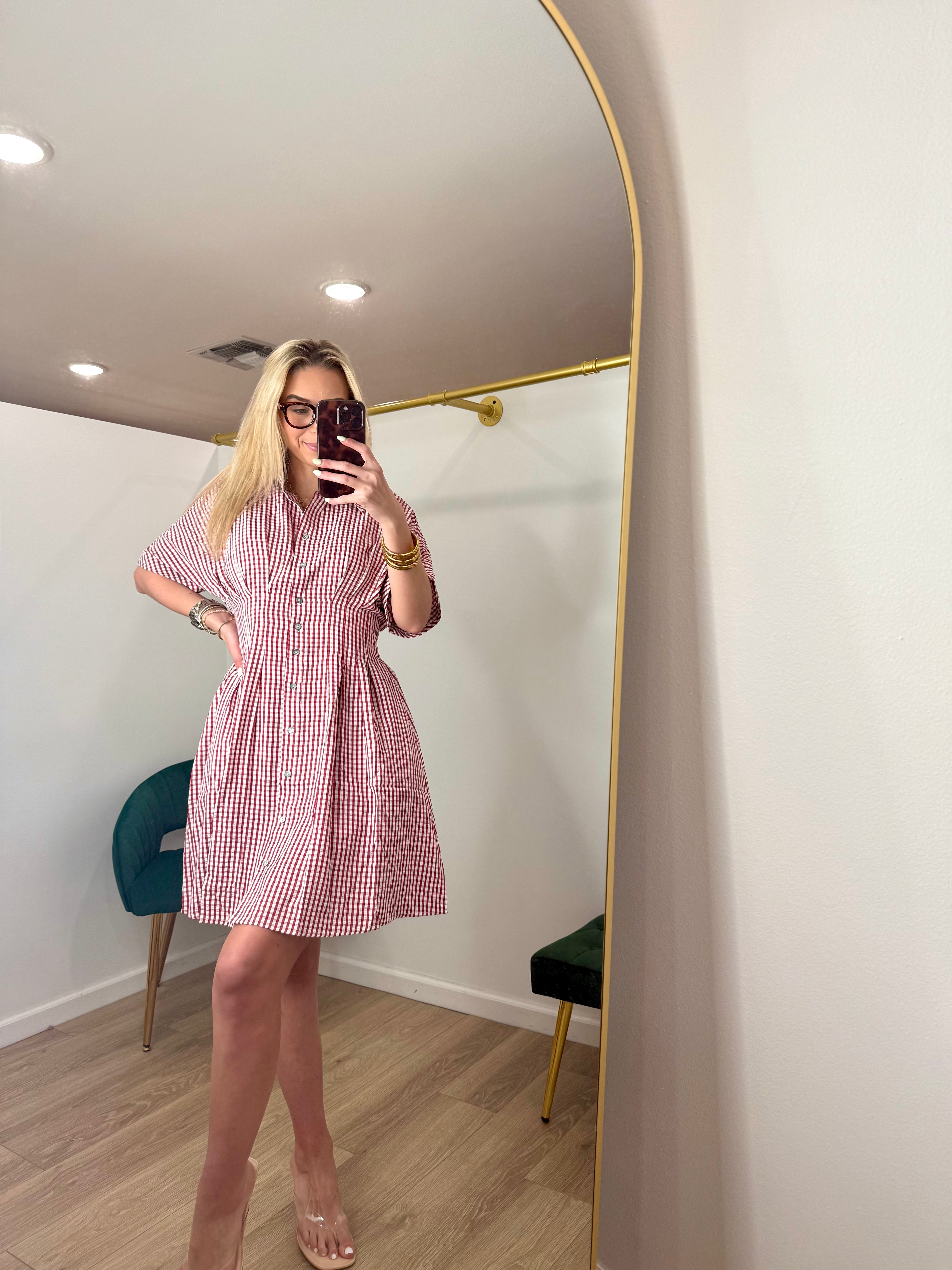 Half Sleeve Waist Pintuck & Back Smocking Gingham Woven Dress with Pockets