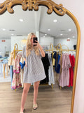 Puff Sleeve Pintuck Detail Striped Woven Dress with Neck Tie and Pockets