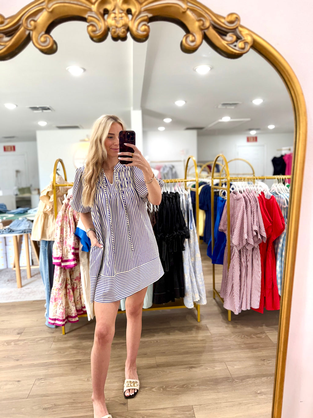 Puff Sleeve Pintuck Detail Striped Woven Dress with Neck Tie and Pockets